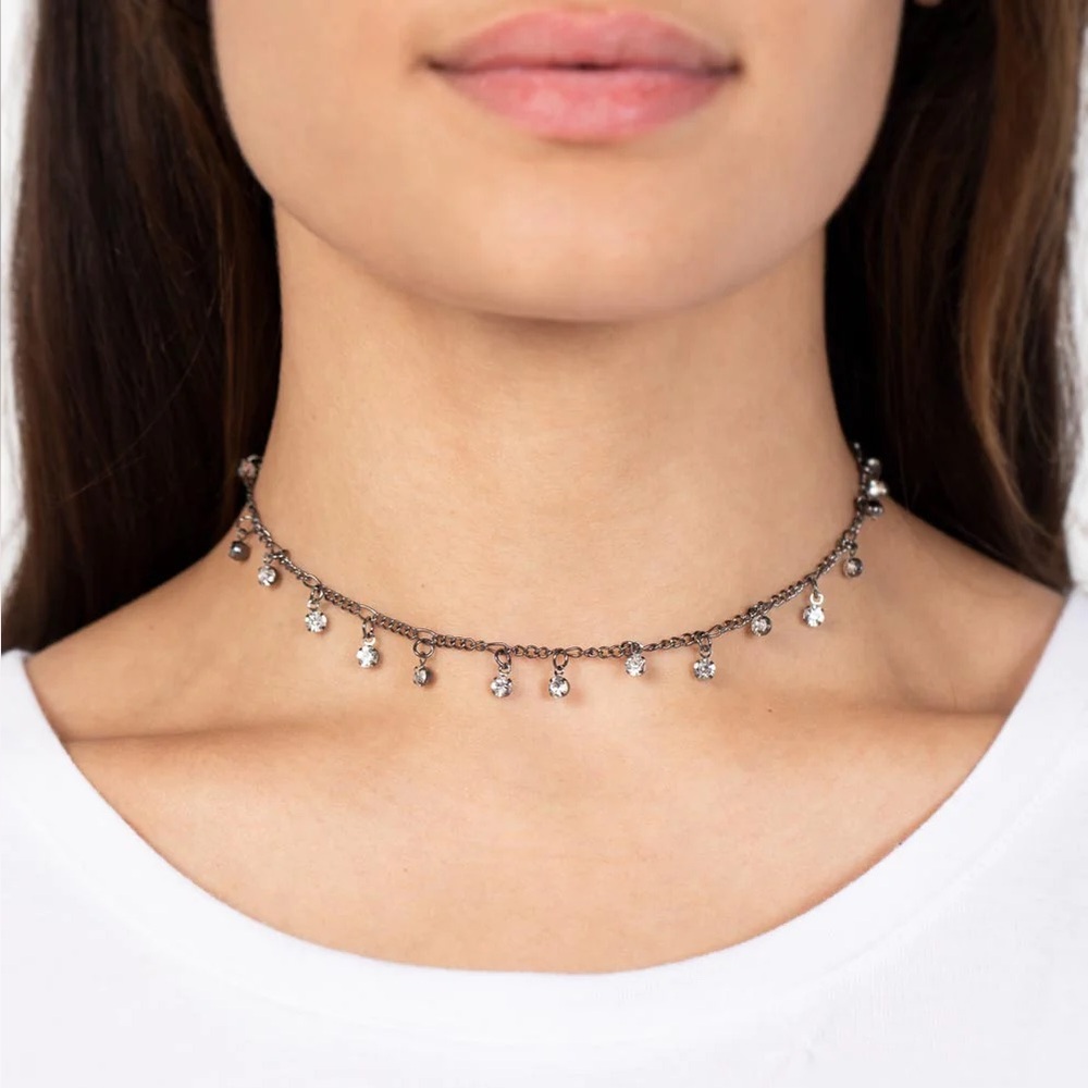 NEW Black Gunmetal & Silver Diamond Rhinestone Grunge Goth Choker Necklace